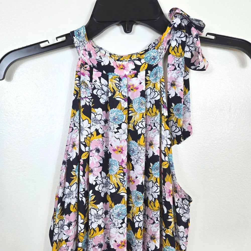 Maison Jules Navy Pink Floral Halter Neck Pleated Front Midi Dress Small Cottage